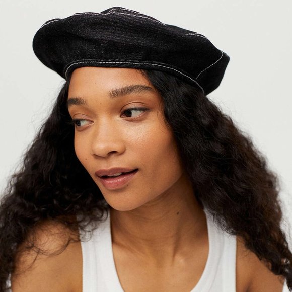 Urban Outfitters black denim white stitching beret hat - Picture 7 of 9